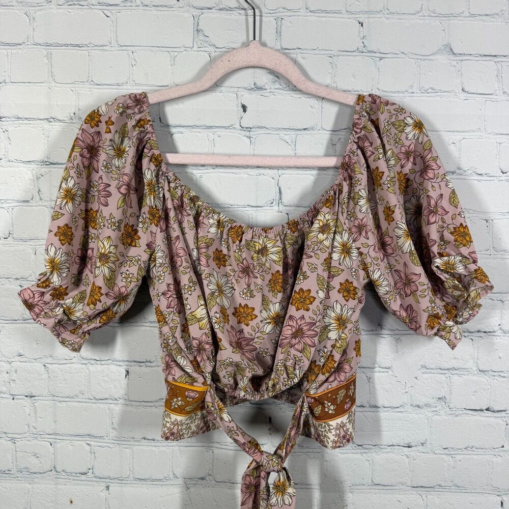 Milk & Honey Crop Tie Blouse Women Medium Floral Bohemian Cottage Top - Picture 2 of 8